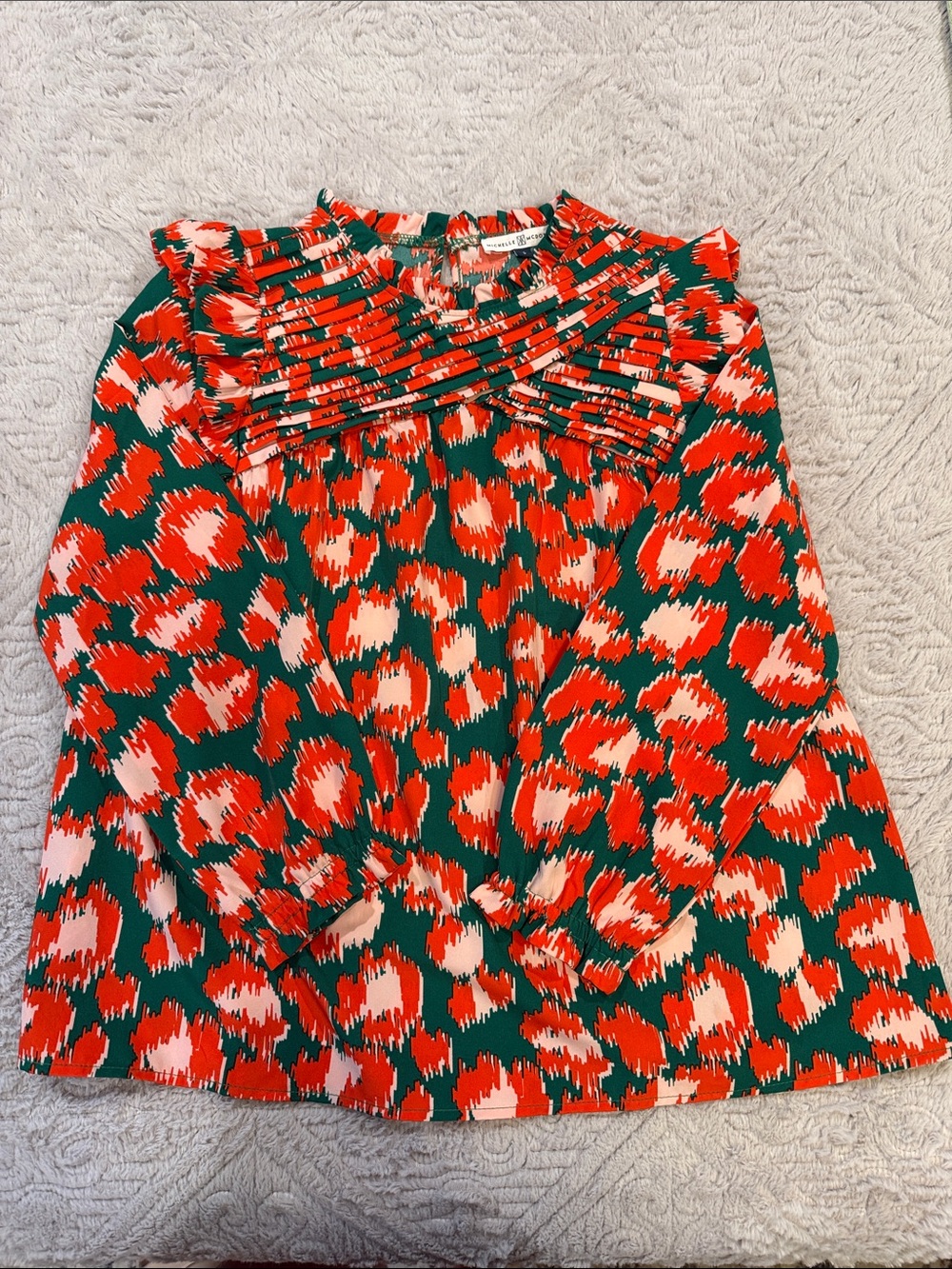 Printed Ruffled Yoke Blouse in Green & Red